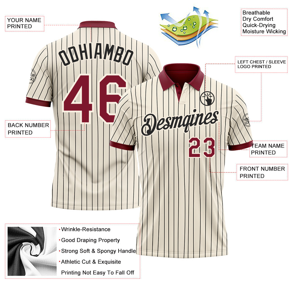 Custom Cream Black Pinstripe-Crimson Performance Polo Shirt