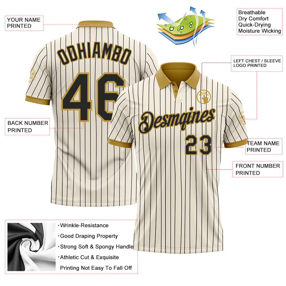 Custom Cream Black Pinstripe-Old Gold Performance Polo Shirt
