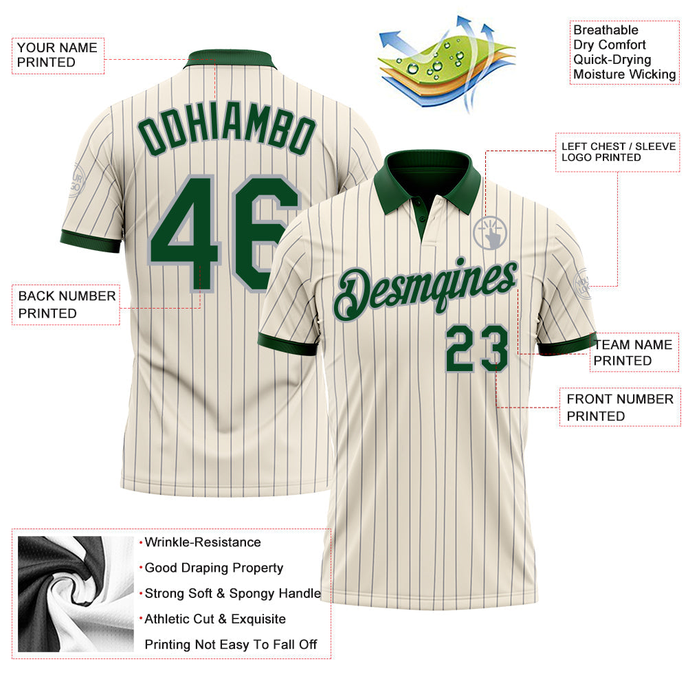 Custom Cream Gray Pinstripe-Green Performance Polo Shirt