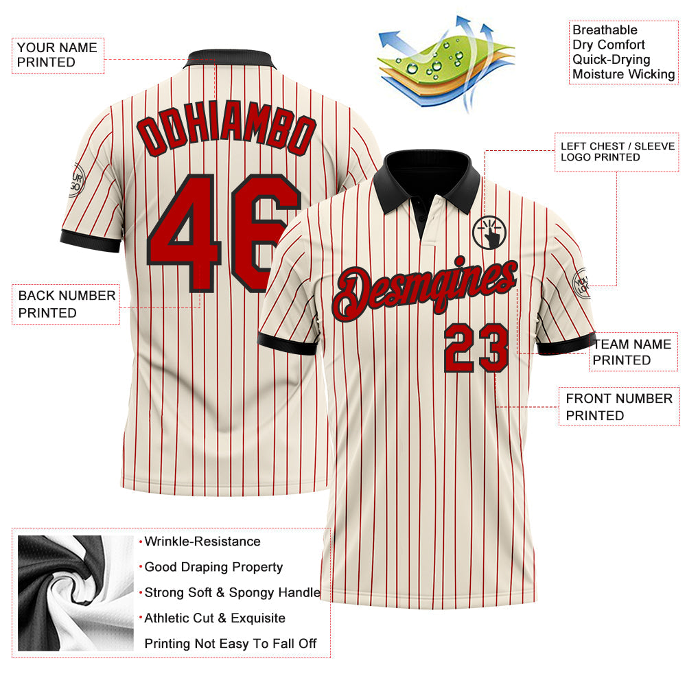 Custom Cream Red Pinstripe-Black Performance Polo Shirt