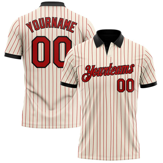 Custom Cream Red Pinstripe-Black Performance Polo Shirt