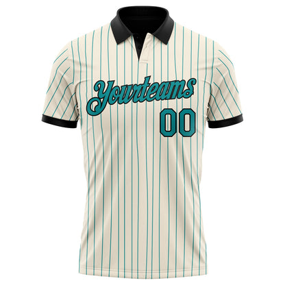 Custom Cream Teal Pinstripe-Black Performance Polo Shirt