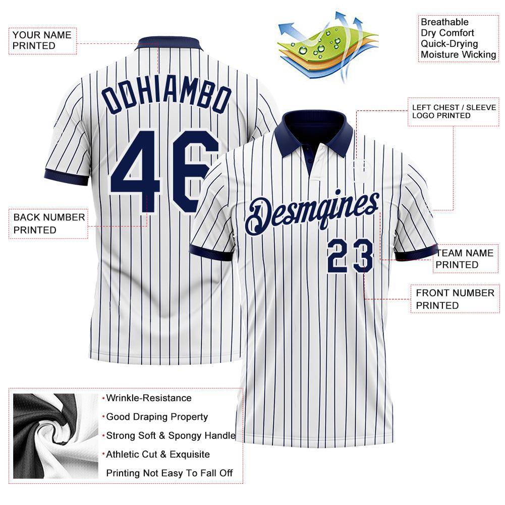 Custom White Navy Pinstripe-Navy Performance Polo Shirt