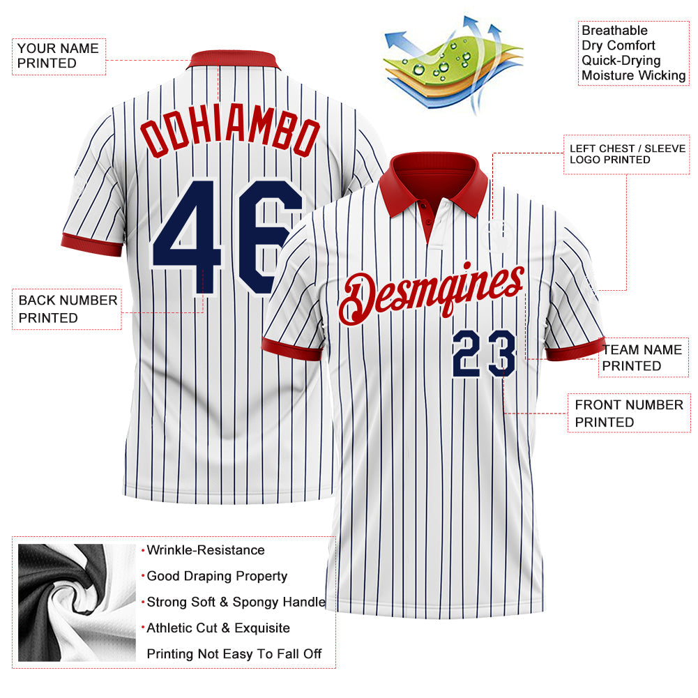 Custom White Navy Pinstripe-Red Performance Polo Shirt