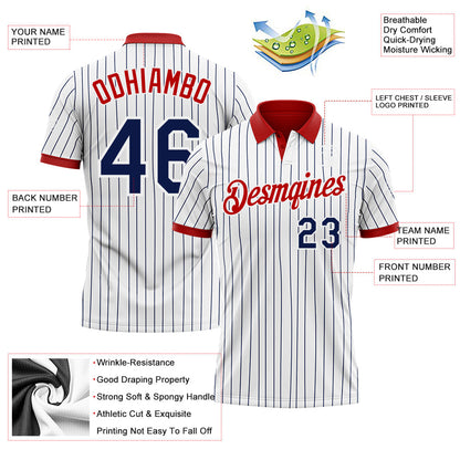 Custom White Navy Pinstripe-Red Performance Polo Shirt