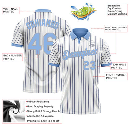 Custom White Navy Pinstripe Light Blue-Gray Performance Polo Shirt