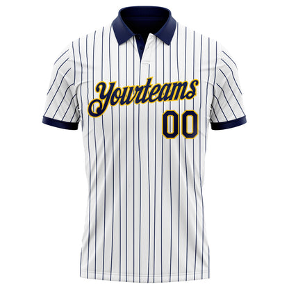 Custom White Navy Pinstripe-Yellow Performance Polo Shirt