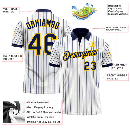 Custom White Navy Pinstripe-Yellow Performance Polo Shirt