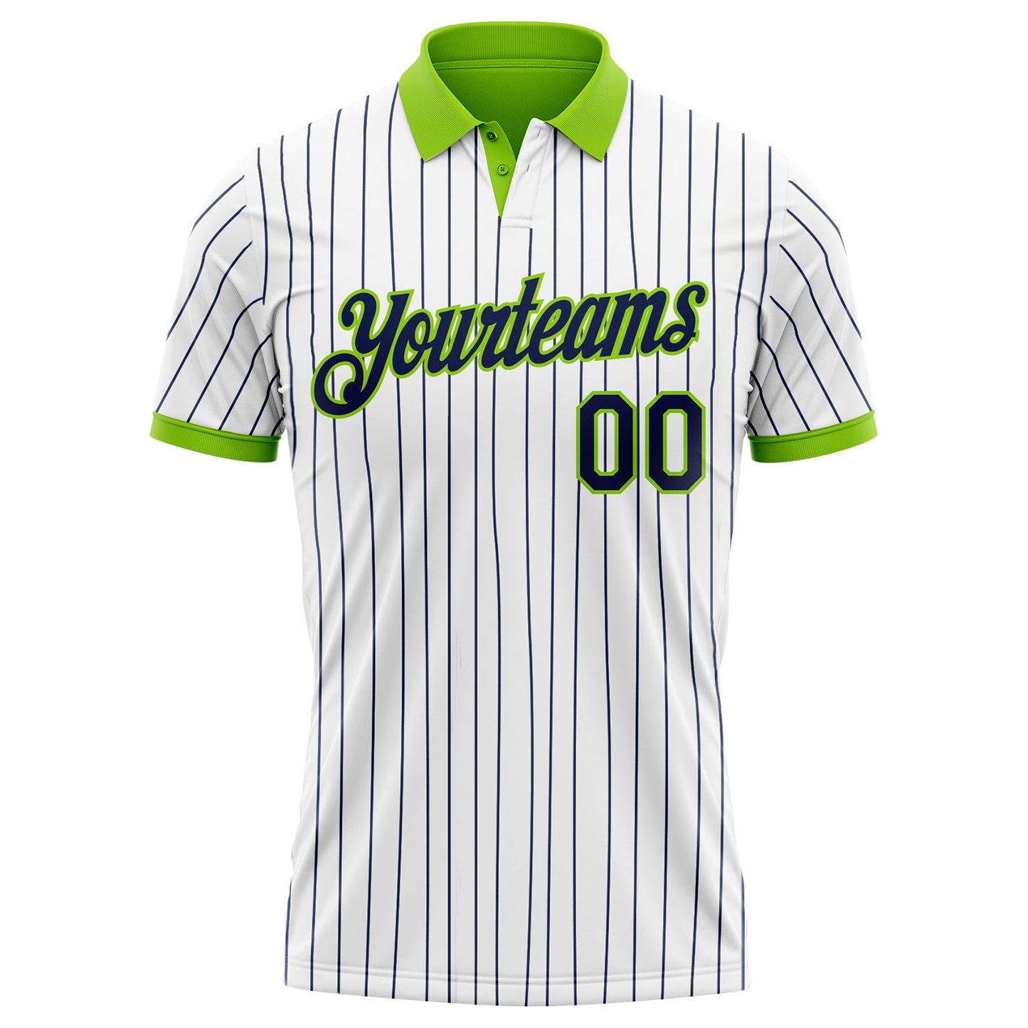 Custom White Navy Pinstripe-Neon Green Performance Polo Shirt