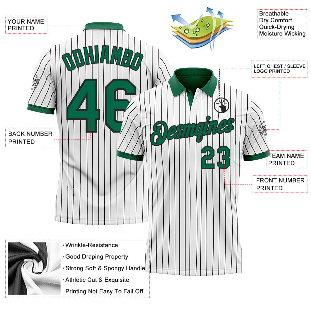 Custom White Black Pinstripe-Kelly Green Performance Polo Shirt