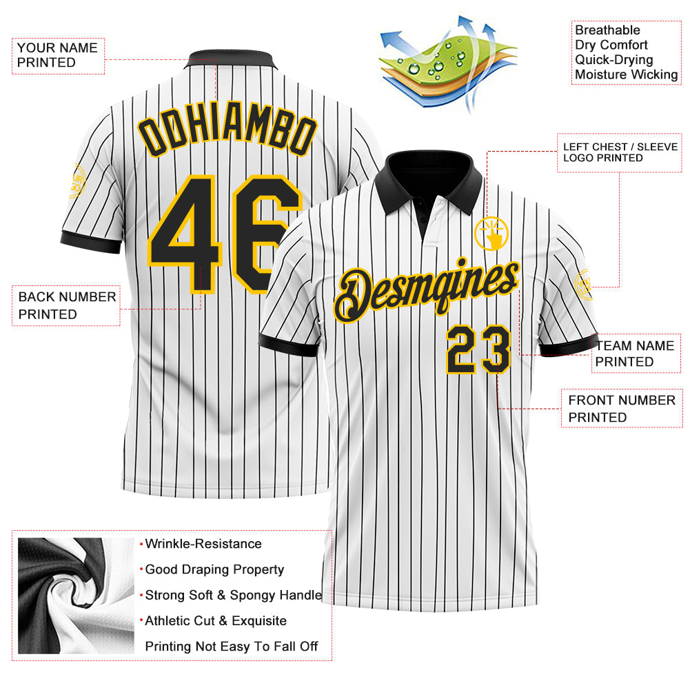 Custom White Black Pinstripe-Yellow Performance Polo Shirt