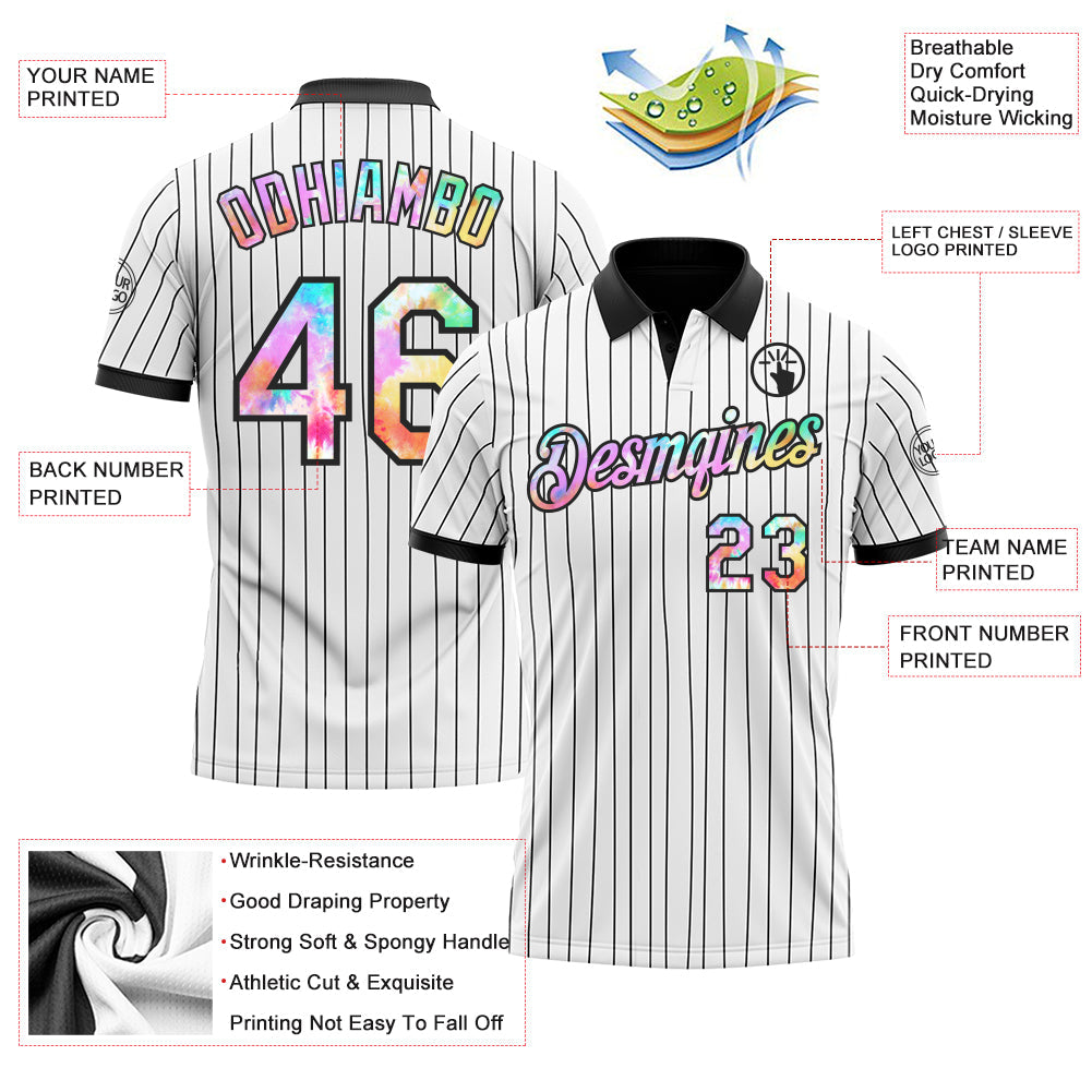 Custom White Black Pinstripe-Tie Dye Performance Polo Shirt
