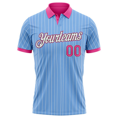 Custom Light Blue White Pinstripe Pink-Black Performance Polo Shirt