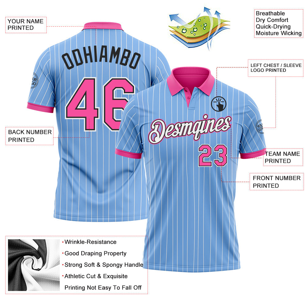 Custom Light Blue White Pinstripe Pink-Black Performance Polo Shirt