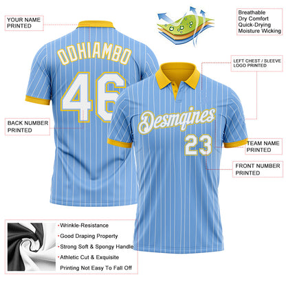 Custom Light Blue White Pinstripe-Yellow Performance Polo Shirt