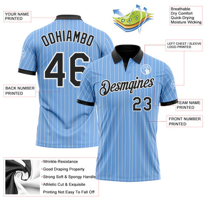 Custom Light Blue White Pinstripe-Black Performance Polo Shirt