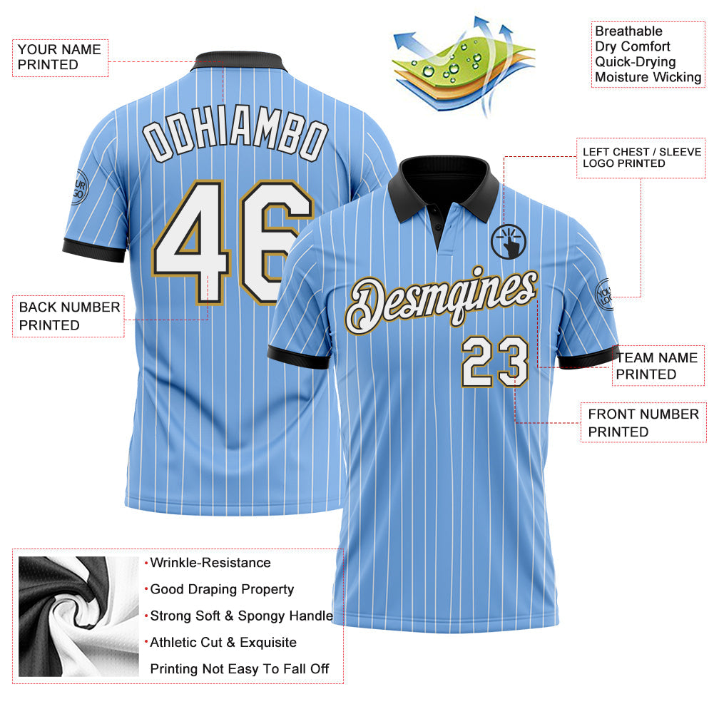 Custom Light Blue White Pinstripe Black-Old Gold Performance Polo Shirt