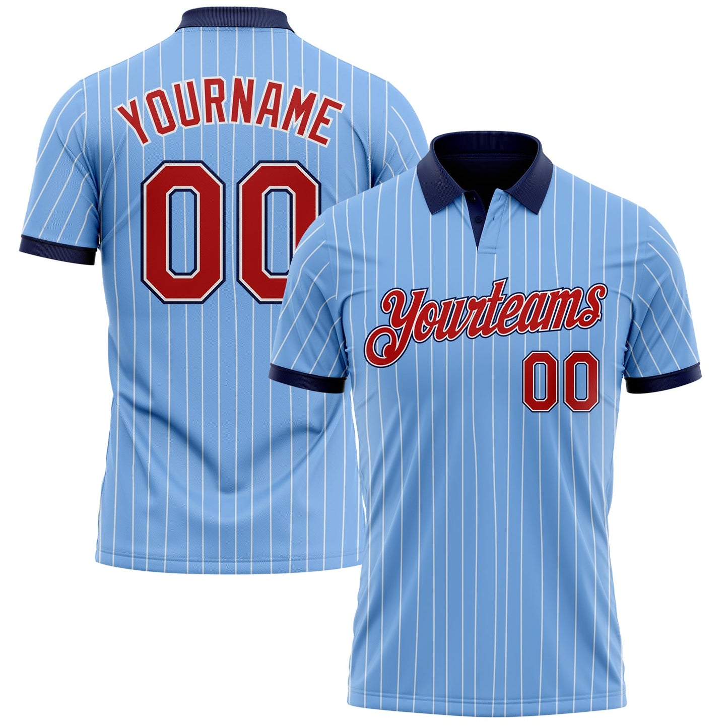 Custom Light Blue White Pinstripe Red-Navy Performance Polo Shirt