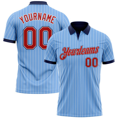 Custom Light Blue White Pinstripe Red-Navy Performance Polo Shirt