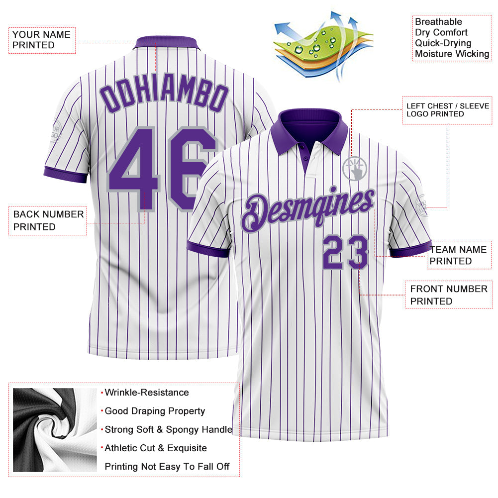 Custom White Purple Pinstripe-Gray Performance Polo Shirt