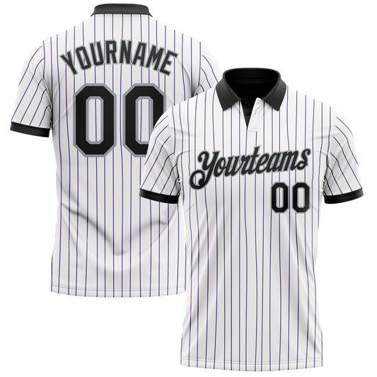 Custom White Purple Pinstripe Black-Gray Performance Polo Shirt