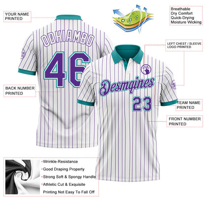Custom White Purple Pinstripe-Teal Performance Polo Shirt