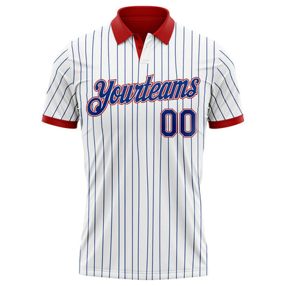 Custom White Royal Pinstripe-Red Performance Polo Shirt