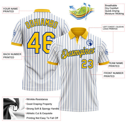 Custom White Royal Pinstripe-Yellow Performance Polo Shirt