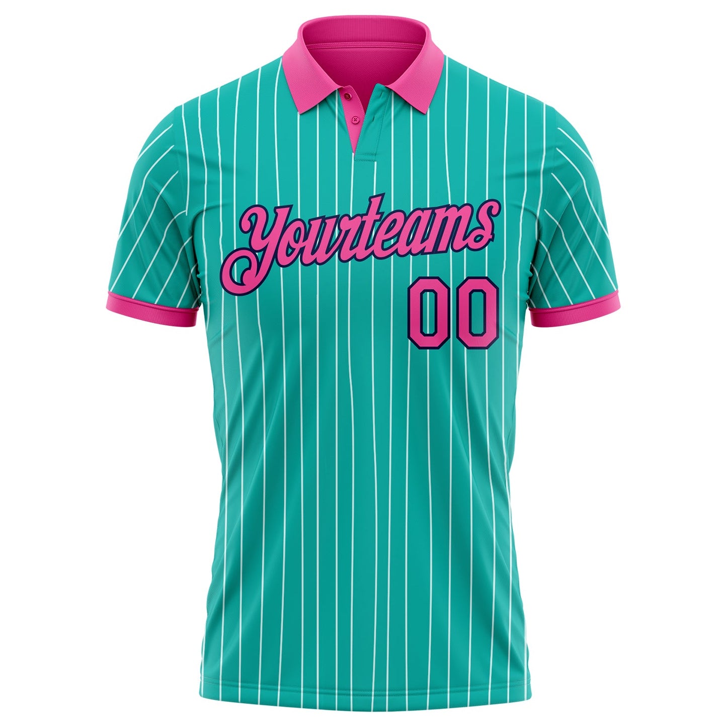 Custom Aqua White Pinstripe Pink-Navy Performance Polo Shirt