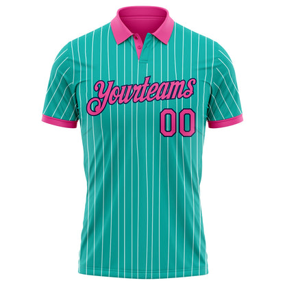 Custom Aqua White Pinstripe Pink-Navy Performance Polo Shirt