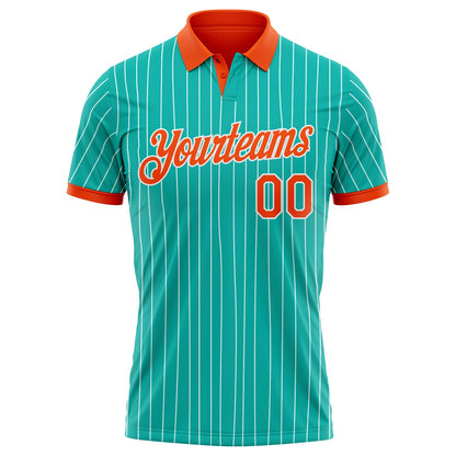 Custom Aqua White Pinstripe-Orange Performance Polo Shirt