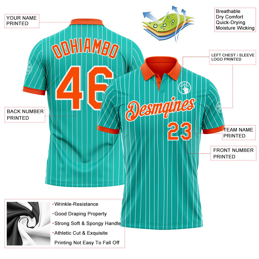 Custom Aqua White Pinstripe-Orange Performance Polo Shirt