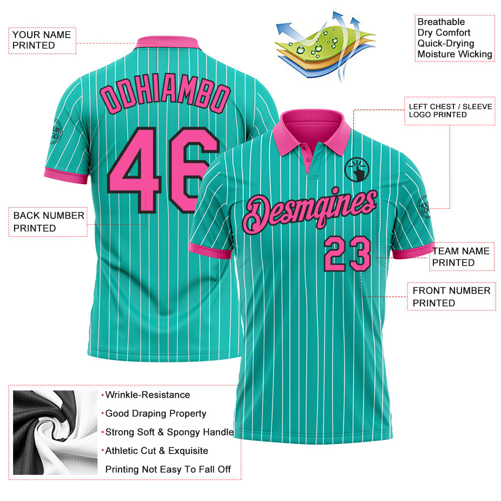 Custom Aqua White Pinstripe Pink-Black Performance Polo Shirt