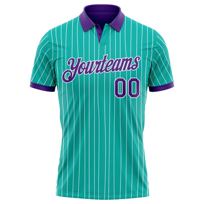 Custom Aqua White Pinstripe-Purple Performance Polo Shirt