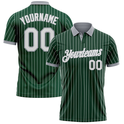 Custom Green White Pinstripe-Gray Performance Polo Shirt