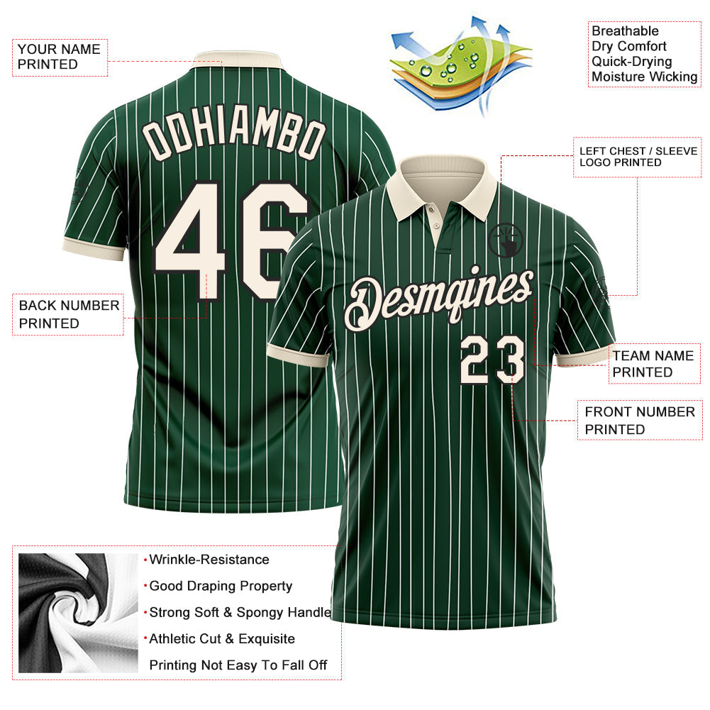 Custom Green White Pinstripe Cream-Black Performance Polo Shirt