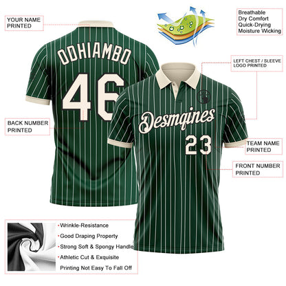 Custom Green White Pinstripe Cream-Black Performance Polo Shirt