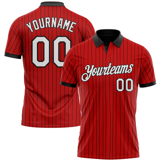 Custom Red Black Pinstripe-White Performance Polo Shirt