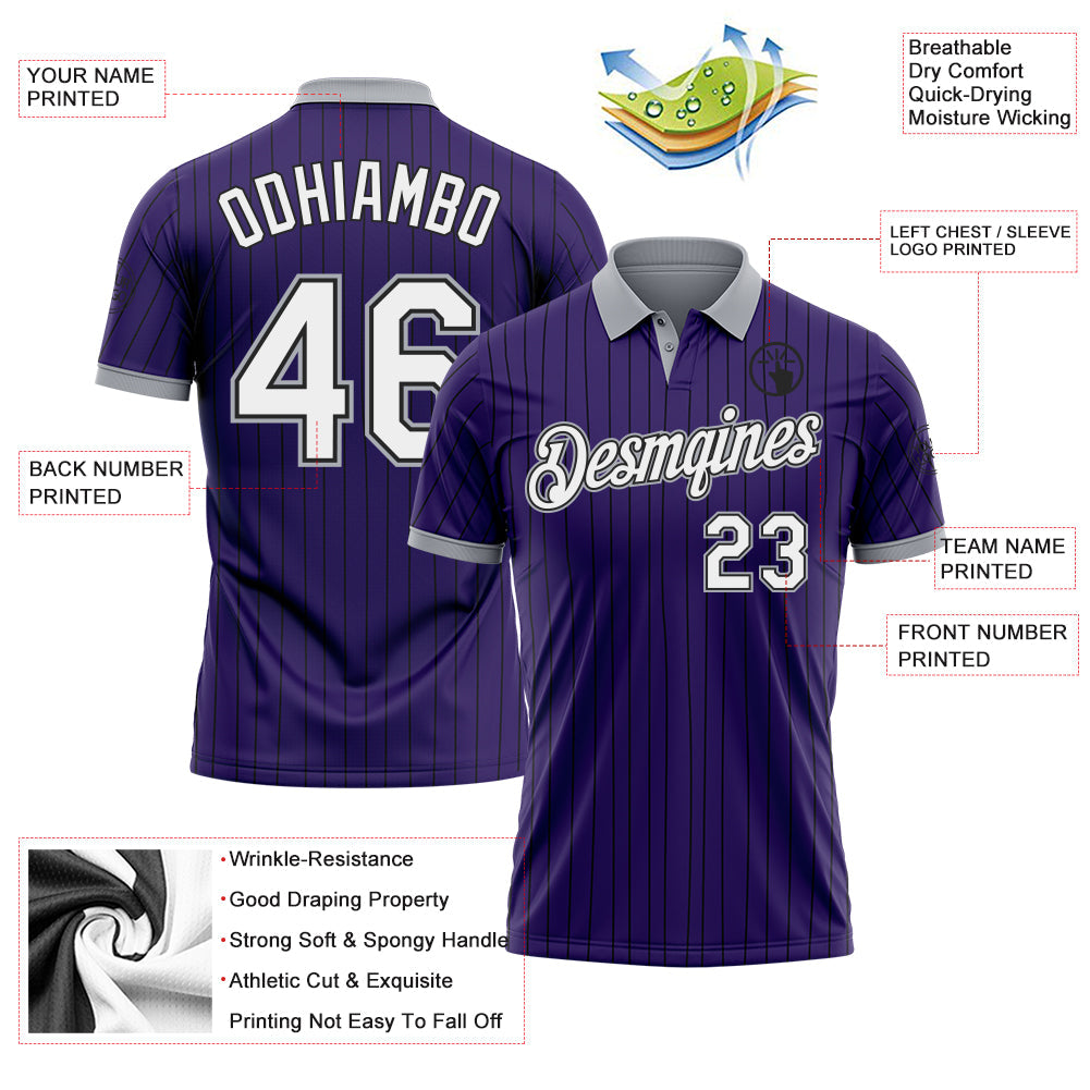 Custom Purple Black Pinstripe White-Gray Performance Polo Shirt