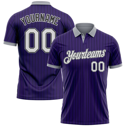 Custom Purple Black Pinstripe White-Gray Performance Polo Shirt