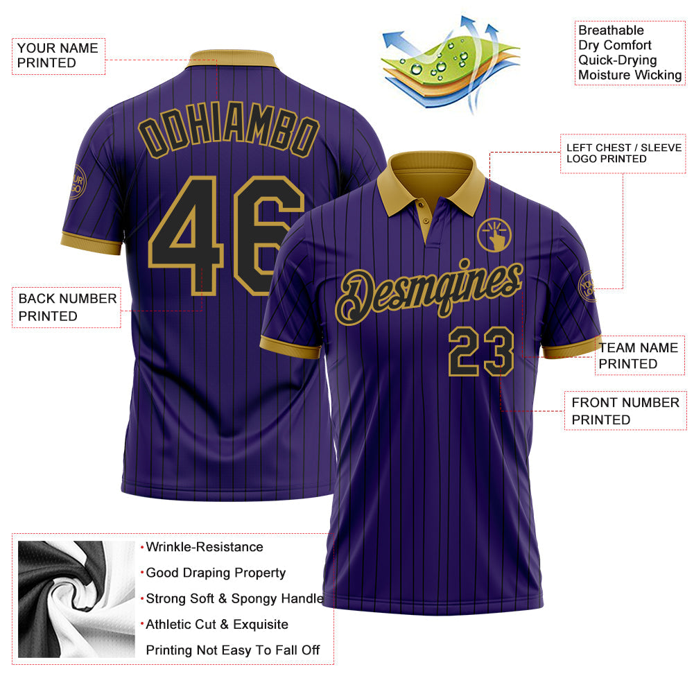 Custom Purple Black Pinstripe-Old Gold Performance Polo Shirt