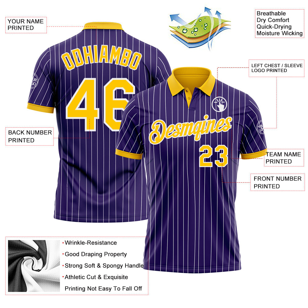 Custom Purple White Pinstripe-Yellow Performance Polo Shirt