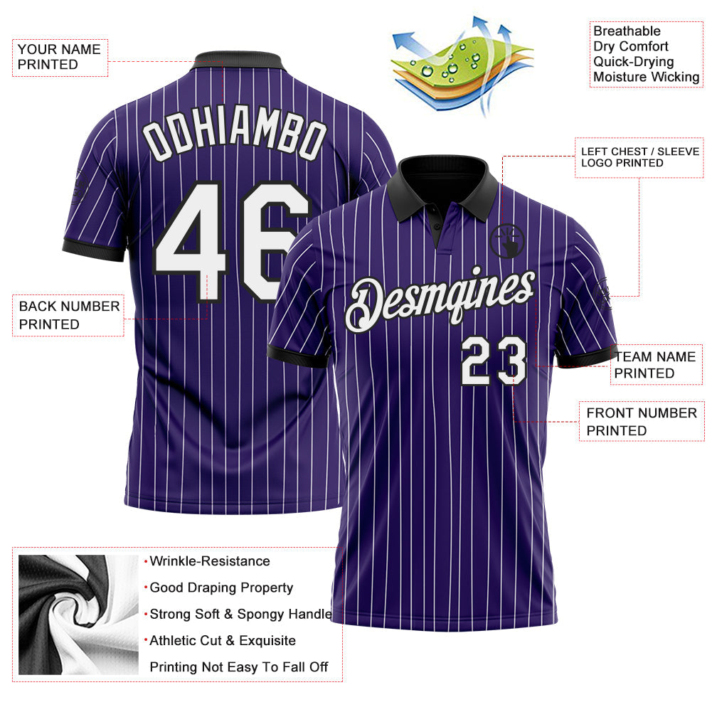 Custom Purple White Pinstripe-Black Performance Polo Shirt
