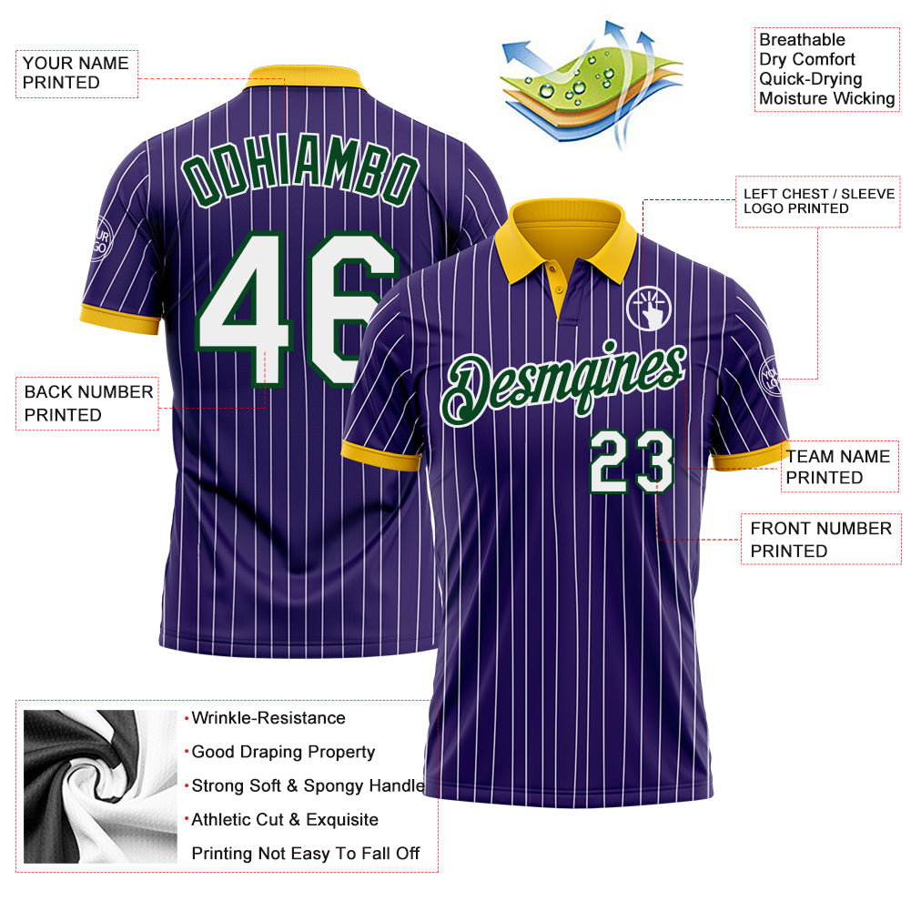 Custom Purple White Pinstripe Green-Yellow Performance Polo Shirt