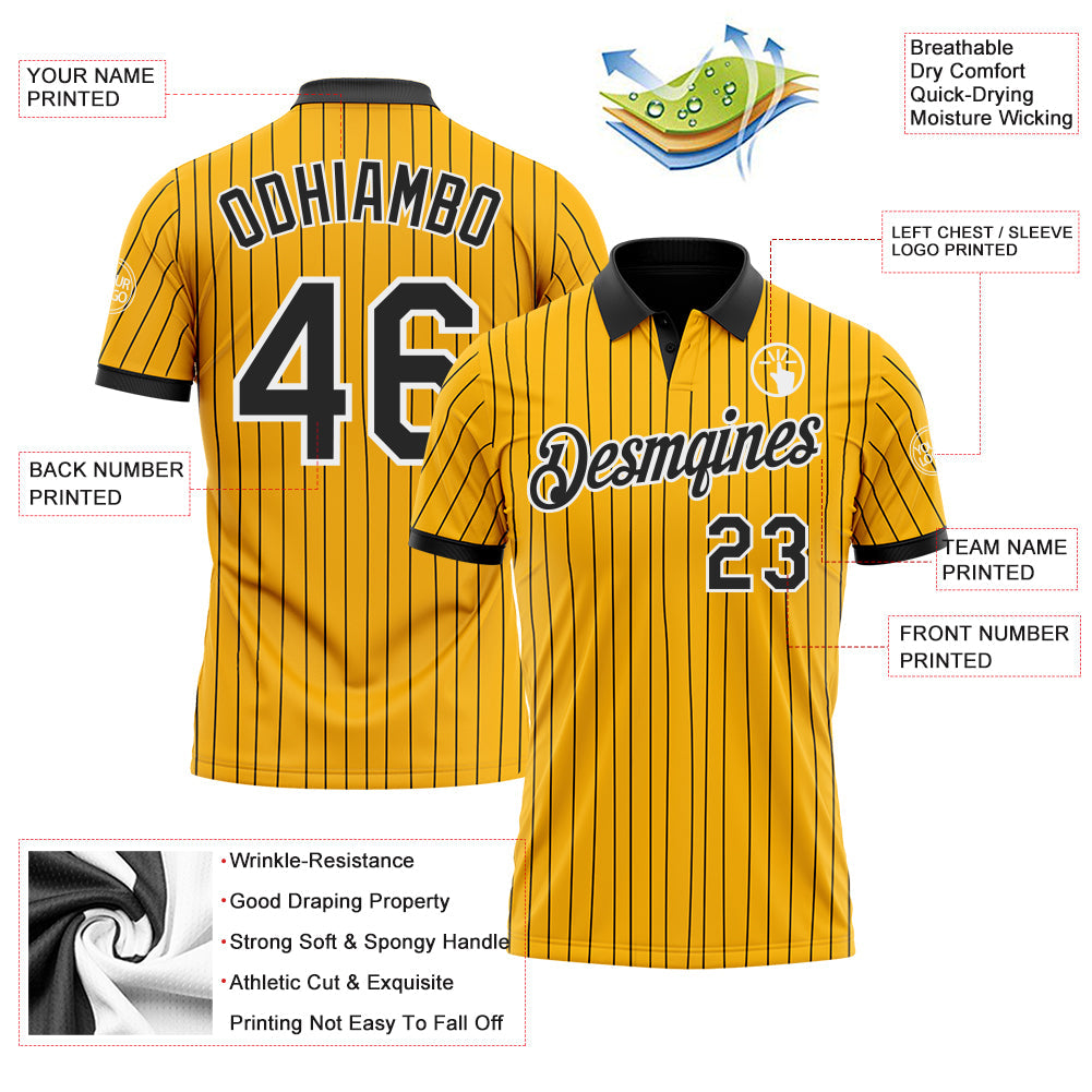 Custom Yellow Black Pinstripe-White Performance Polo Shirt