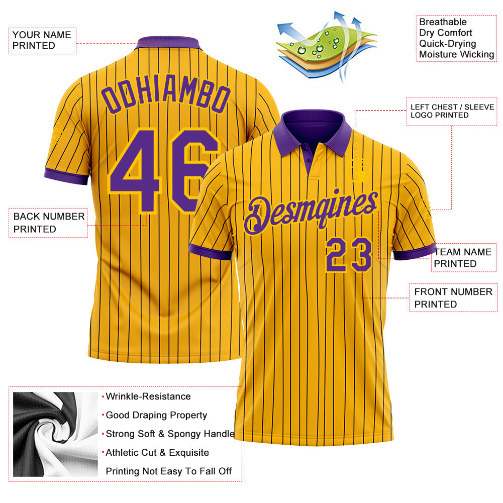 Custom Yellow Black Pinstripe-Purple Performance Polo Shirt