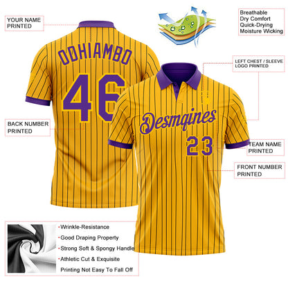 Custom Yellow Black Pinstripe-Purple Performance Polo Shirt