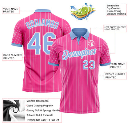 Custom Pink White Pinstripe-Light Blue Performance Polo Shirt