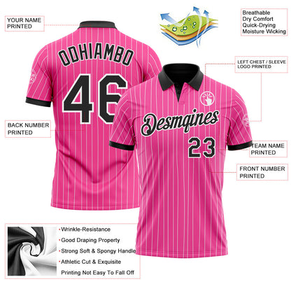 Custom Pink White Pinstripe-Black Performance Polo Shirt
