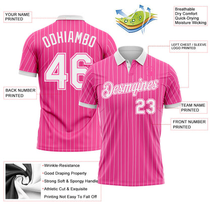 Custom Pink White Pinstripe-White Performance Polo Shirt